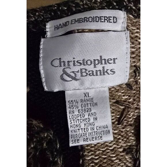 Vintage Christopher & Banks Leaf Pattern Cardigan Sweater Black & Tan Hand Embro - Picture 7 of 9
